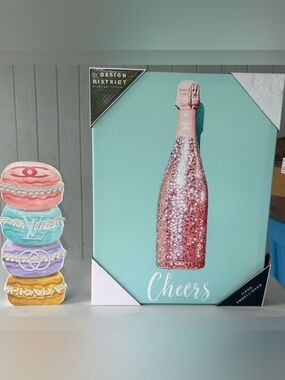 NEW!District Cheers Canvas Art - Chanel Pink & Green Wine Bottle-Wood Doughnut
